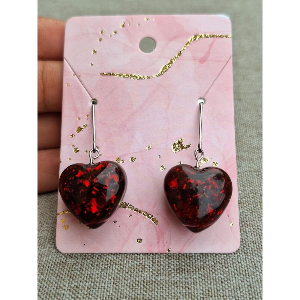 Red Art Handmade Resin Heart Shaped  Earrings Tones Verdes Jewelry